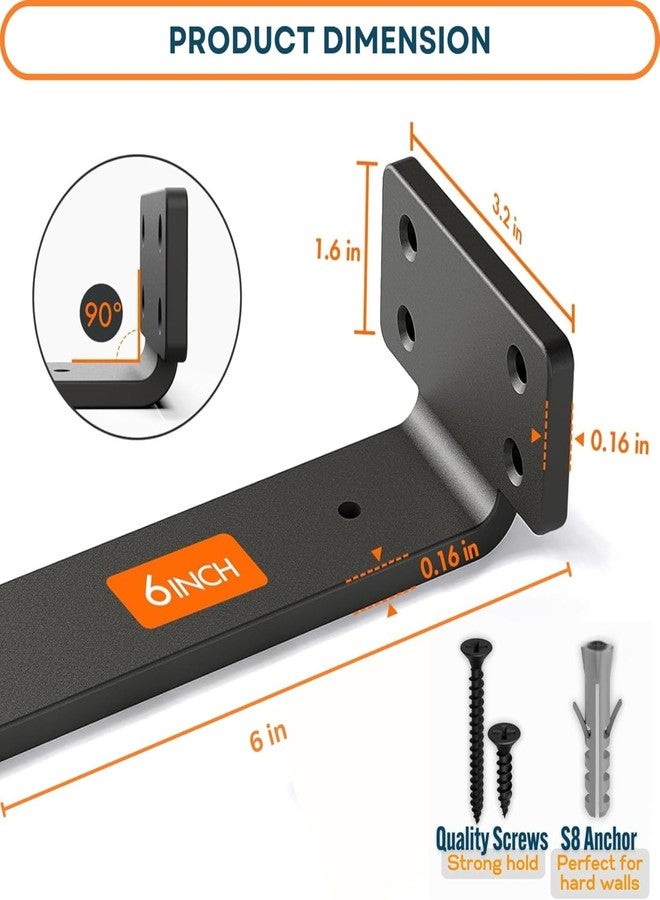 Shuchi Essentials 6 Inch Heavy Duty Shelf Brackets for Wall Shelves | L Angle Steel Brackets for Floating & Wood Shelves | Wall Mounted Matte Black Rust-Proof (Set of 2) - Image 3